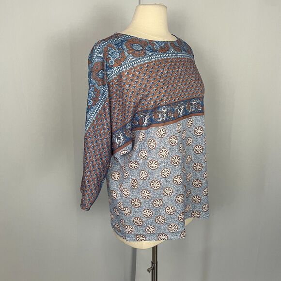 Vintage 70s Top Womens Size Small Blue Floral Boho Peasant Retro Casual Poly Vtg - Picture 5 of 15